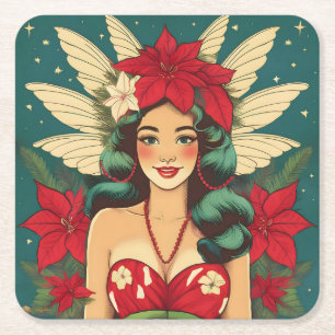 Retro 50er Tropical Christmas Button-Up Girl Rechteckiger Pappuntersetzer