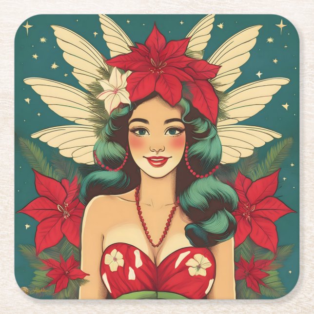 Retro 50er Tropical Christmas Button-Up Girl Rechteckiger Pappuntersetzer (Vorderseite)