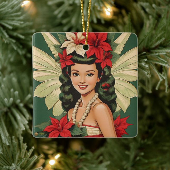Retro 50er Tropical Christmas Princess Keramikornament (Baum)