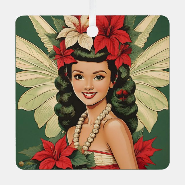 Retro 50er Tropical Christmas Princess Ornament Aus Metall (Vorderseite)