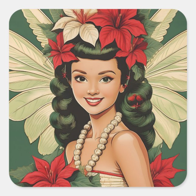 Retro 50er Tropical Christmas Princess Quadratischer Aufkleber (Vorderseite)