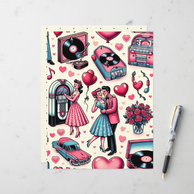 Retro 50er Valentine Scrapbook Paper (Vorderseite/Rückseite Beispiel)