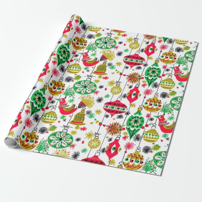Retro 50er Weihnachtsdekoration Geschenkpapier (Ungerollt)
