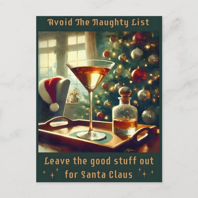 Retro 50s Avoid The Naughty List Christmas Martini Postkarte (Vorderseite)