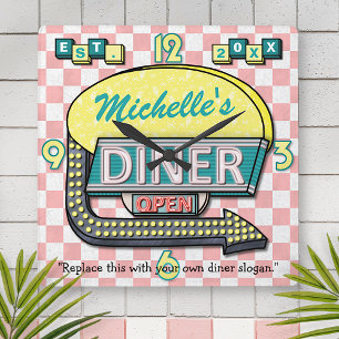 Retro 50's Diner Sign Pink Aquamariner Personalisi Quadratische Wanduhr