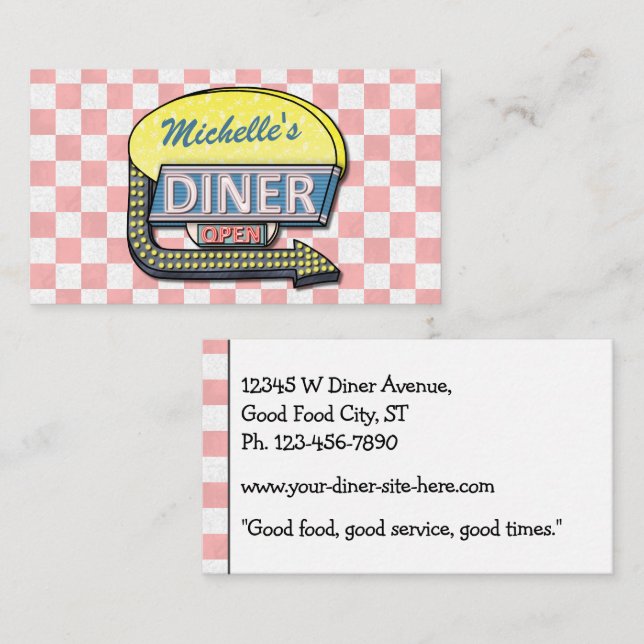 Retro 50's Diner Sign Pink Checkered Restaurant Visitenkarte (Vorne/Hinten)