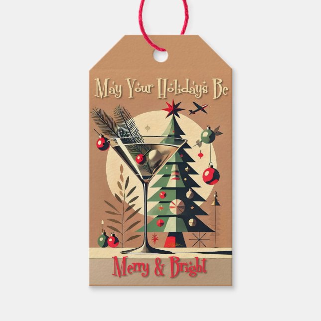 Retro 50s Jet Set Christmas Tree Martini Geschenkanhänger (Vorderseite)