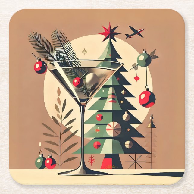 Retro 50s Jet Set Christmas Tree Martini Rechteckiger Pappuntersetzer (Vorderseite)