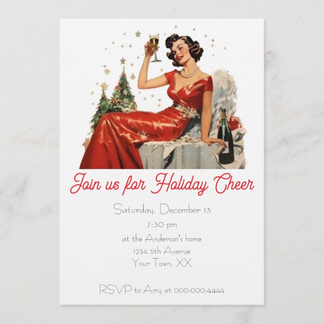 Retro 50's Lady in Red Christmas Party Einladung (Vorderseite)