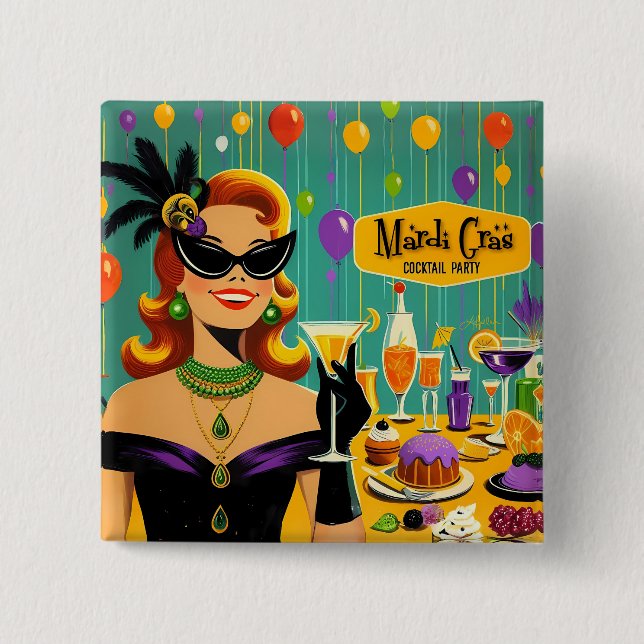 Retro 50s Mardi Gras Cocktail Party Button (Vorderseite)