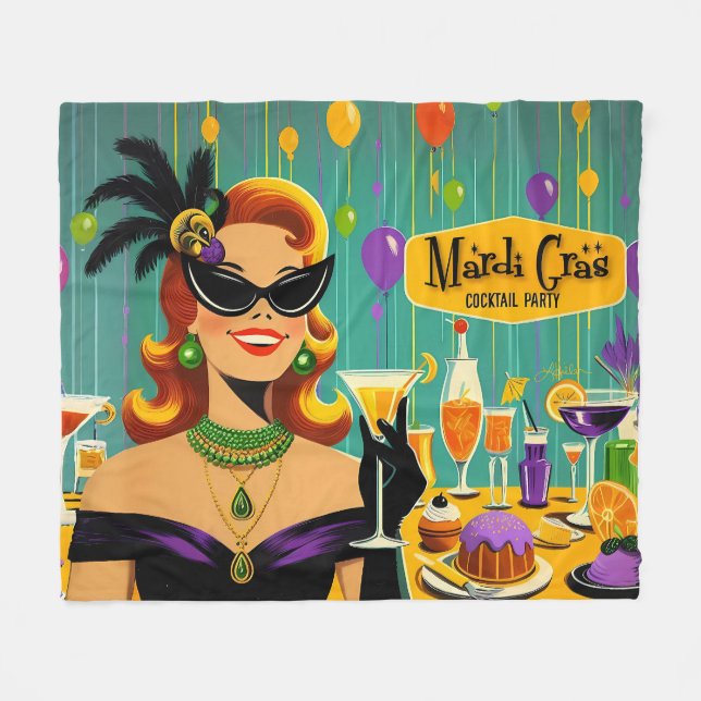 Retro 50s Mardi Gras Cocktail Party Fleecedecke (Vorderseite (Horizontal))