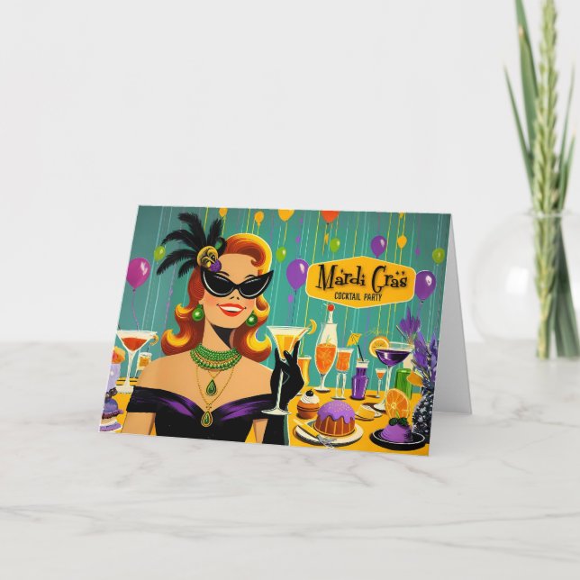 Retro 50s Mardi Gras Cocktail Party Karte (Vorderseite)