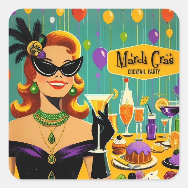Retro 50s Mardi Gras Cocktail Party Quadratischer Aufkleber (Vorderseite)