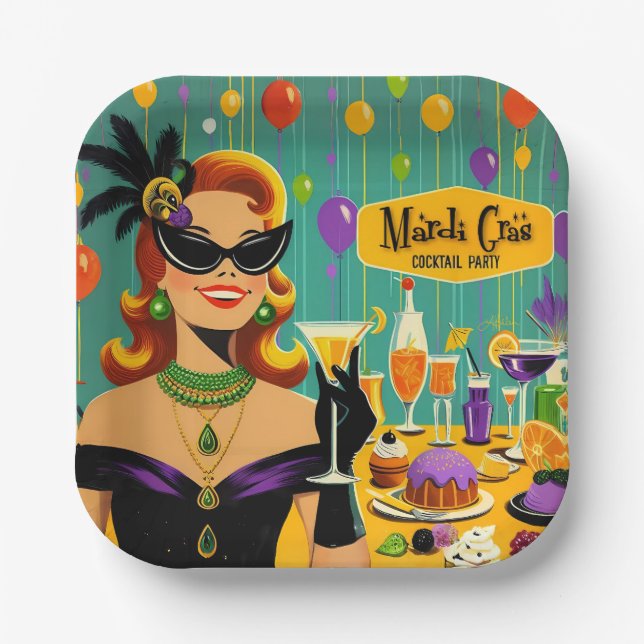 Retro 50s Mardi Gras Martini Cocktail Party Pappteller (Vorderseite)