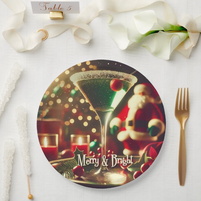 Retro 50s Santa Christmas Green Martini Pappteller (Hochzeit)