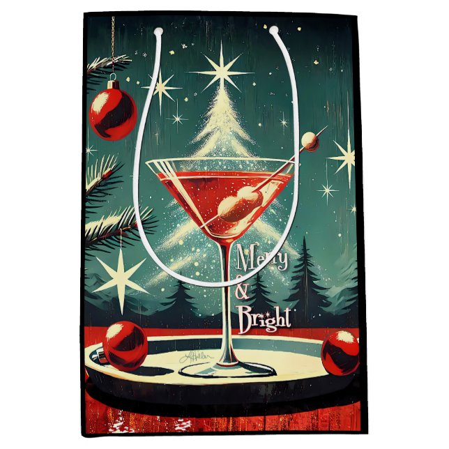 Retro 50s Snow Flurry Christmas Tree Martini Mittlere Geschenktüte (Vorderseite)