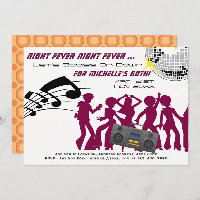 RETRO 60. Geburtstag Einladung Boogie Night Fieber (Vorne/Hinten)