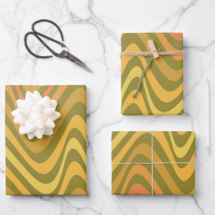 Retro 60er 70er Abstrakt Lines Muster Grün Gelb  Geschenkpapier Set