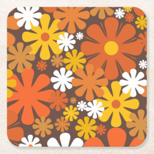 Retro 60er 70er Ästhetik Blumenmuster Quadratische Rechteckiger Pappuntersetzer