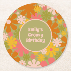 Retro 60er 70er Ästhetik Groovy Floral Personalisi Runder Pappuntersetzer