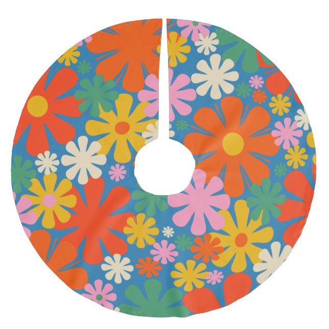 Retro 60er 70er Ästhetisch farbenfrohe Blumenmuste Polyester Weihnachtsbaumdecke (Vorderseite)