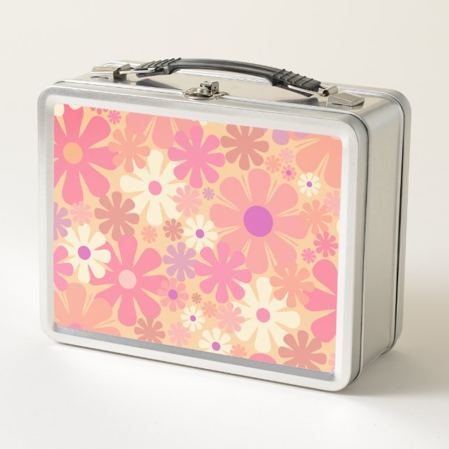 Retro 60er 70er Ästhetisch rosa Blumenmuster Metall Brotdose (Vorderseite)