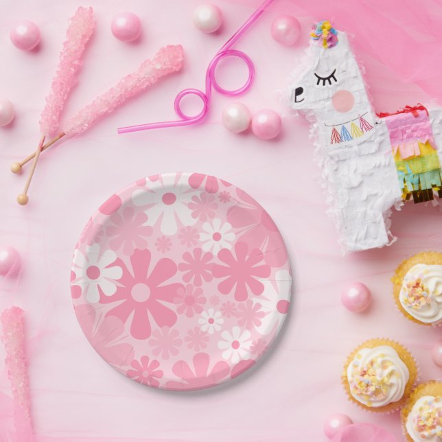 Retro 60er 70er Ästhetisch rosa Blumenmuster Pappteller (Party)