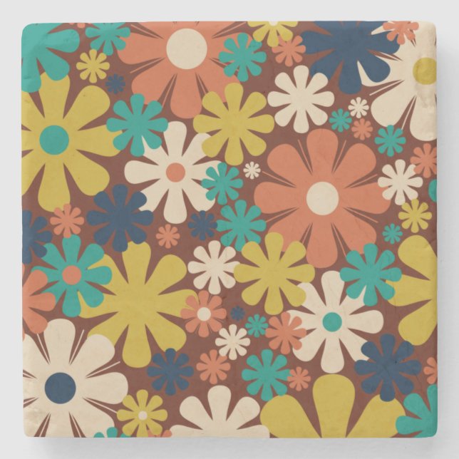 Retro 60er 70er Ästhetische Blumenmuster Square Steinuntersetzer (Vorderseite)