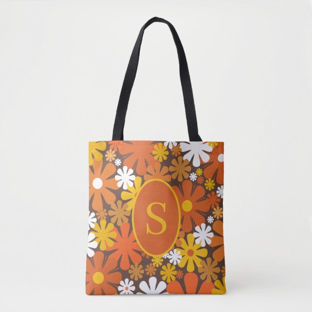 Retro 60er 70er Blumenmuster mit Initiale Tasche (Vorderseite)