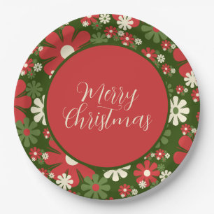 Retro 60er 70er Floral Frohe Weihnachten Schrift Pappteller
