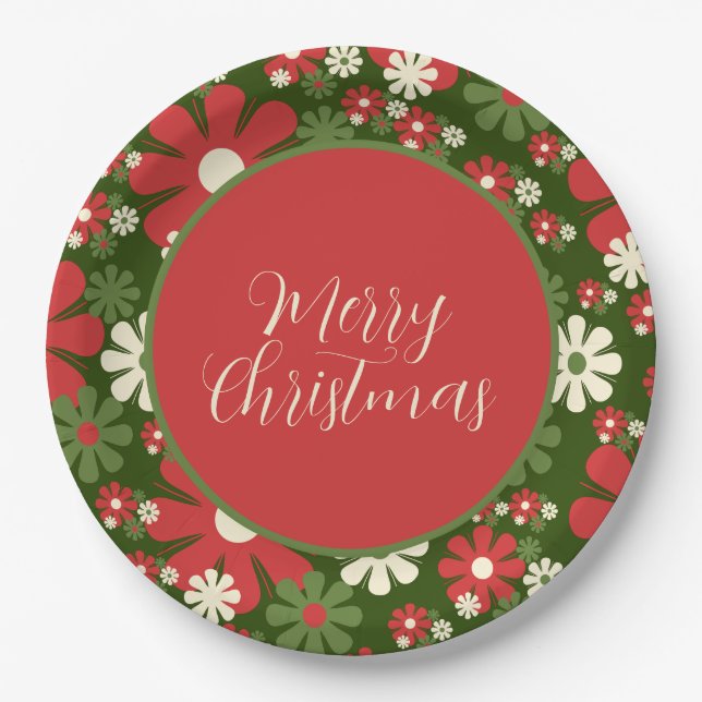 Retro 60er 70er Floral Frohe Weihnachtsschrift Pappteller (Vorderseite)