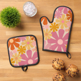 Retro 60er 70er Groovy Floral Muster Ofenhandschuh & Topflappen-Set