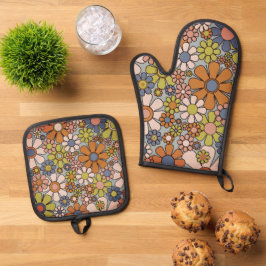 Retro 60er 70er Groovy Floral Ofenhandschuh & Topflappen-Set