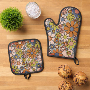 Retro 60er 70er Groovy Floral Ofenhandschuh & Topflappen-Set