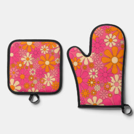 Retro 60er 70er Groovy Hot Pink Blumenmuster Ofenhandschuh & Topflappen-Set