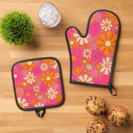 Retro 60er 70er Groovy Hot Pink Blumenmuster Ofenhandschuh & Topflappen-Set