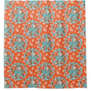 RETRO 60er 70er Hippy Blumen Friedenzeichen Orange Duschvorhang