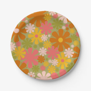 Retro 60er 70er Jahre Ästhetik Blumenmuster Papier Pappteller