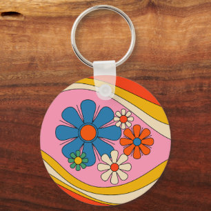 Retro 60er 70er Jahre Rosa Blumen mit Initial Schlüsselanhänger