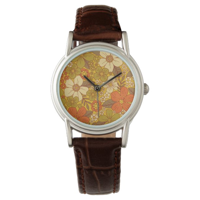 Retro 60er/70er Orange/Olive Green Floral Armbanduhr (Vorderseite)