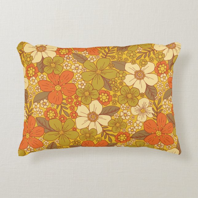 Retro 60er/70er Orange/Olive Green Floral Dekokissen (Vorderseite)