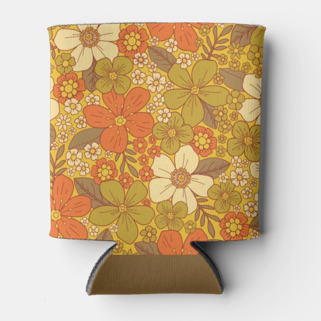 Retro 60er/70er Orange/Olive Green Floral Dosenkühler (Vorderseite)