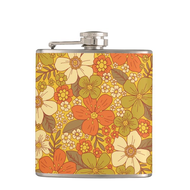 Retro 60er/70er Orange/Olive Green Floral Flachmann (Vorderseite)