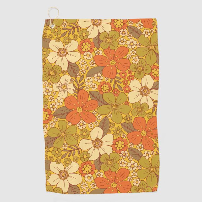 Retro 60er/70er Orange/Olive Green Floral Golfhandtuch (Vorderseite)