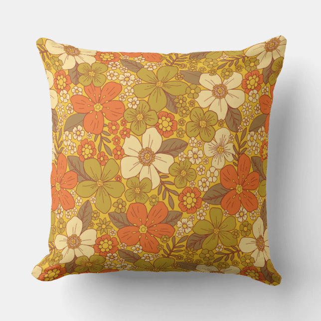 Retro 60er/70er Orange/Olive Green Floral Kissen (Vorderseite)