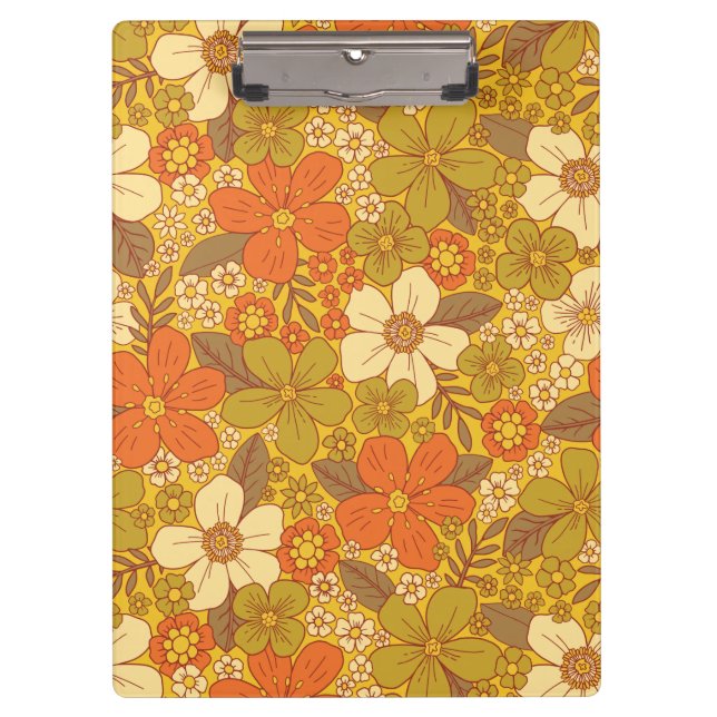 Retro 60er/70er Orange/Olive Green Floral Klemmbrett (Vorderseite)