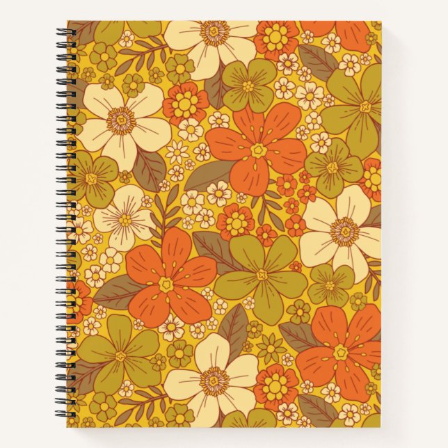 Retro 60er/70er Orange/Olive Green Floral Notizbuch (Vorderseite)
