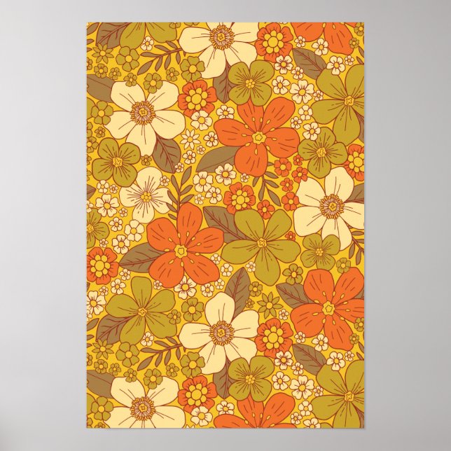 Retro 60er/70er Orange/Olive Green Floral Poster (Vorne)
