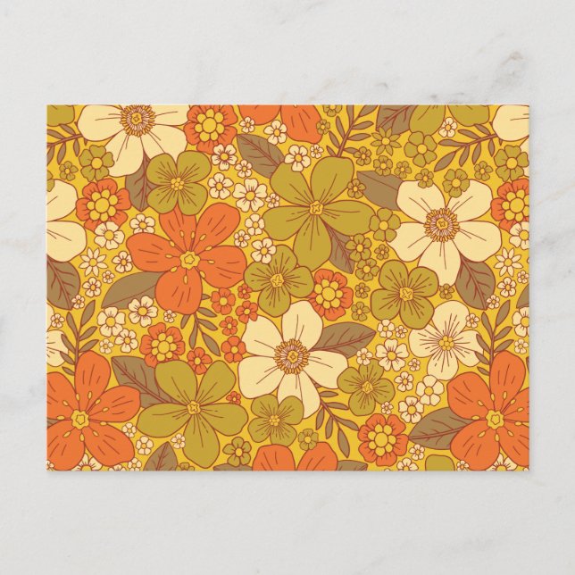 Retro 60er/70er Orange/Olive Green Floral Postkarte (Vorderseite)