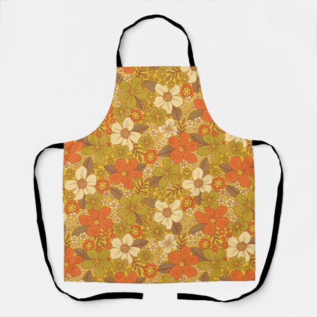 Retro 60er/70er Orange/Olive Green Floral Schürze (Vorderseite)